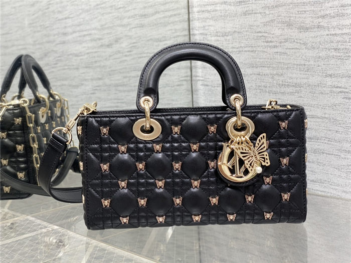 LADY D-JOY BAG MEDIUM Cannage Lambskin with Gold-Finish Butterfly Studs Black High