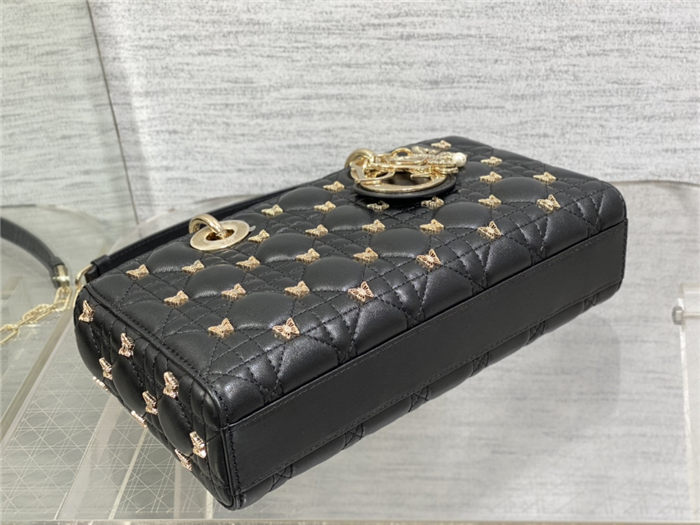 LADY D-JOY BAG MEDIUM Cannage Lambskin with Gold-Finish Butterfly Studs Black High