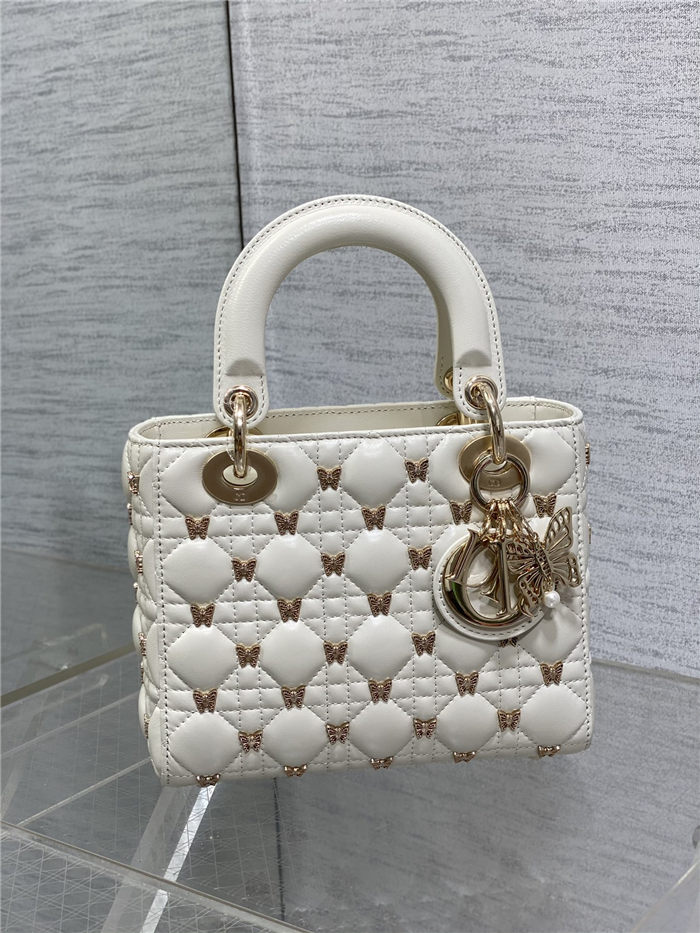 SMALL LADY BAG Cannage Lambskin with Gold-Finish Butterfly Studs White High