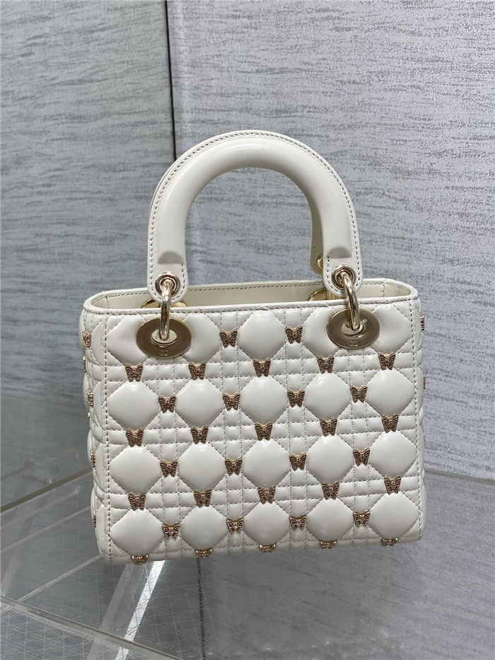 SMALL LADY BAG Cannage Lambskin with Gold-Finish Butterfly Studs White High