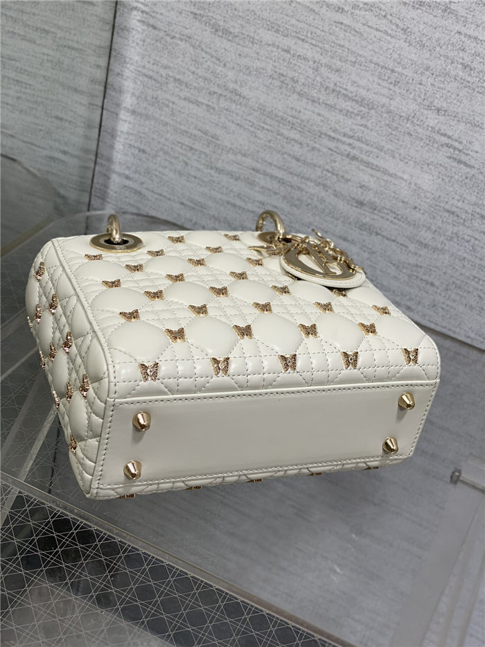 SMALL LADY BAG Cannage Lambskin with Gold-Finish Butterfly Studs White High