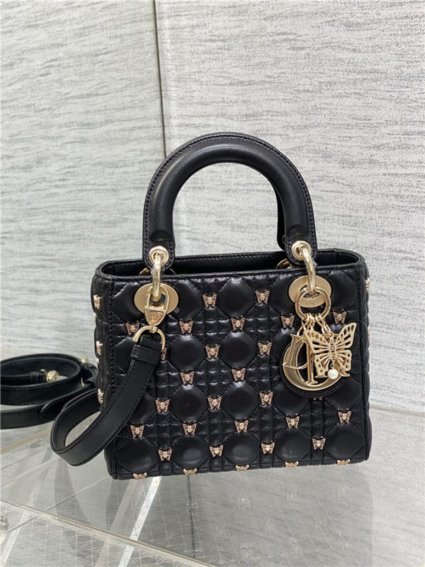 SMALL LADY BAG Cannage Lambskin with Gold-Finish Butterfly Studs Black High