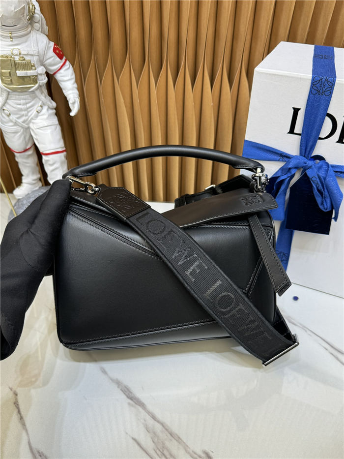 Small Puzzle bag in satin calfskin with jacquard strap Black High