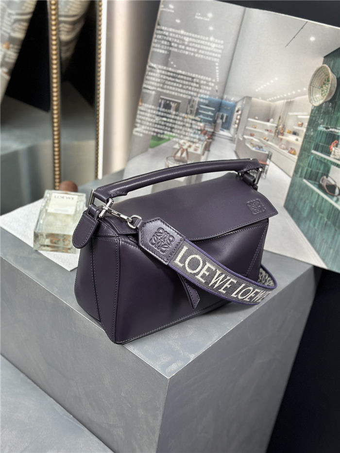 Small Puzzle bag in satin calfskin with jacquard strap Deep Aubergine High