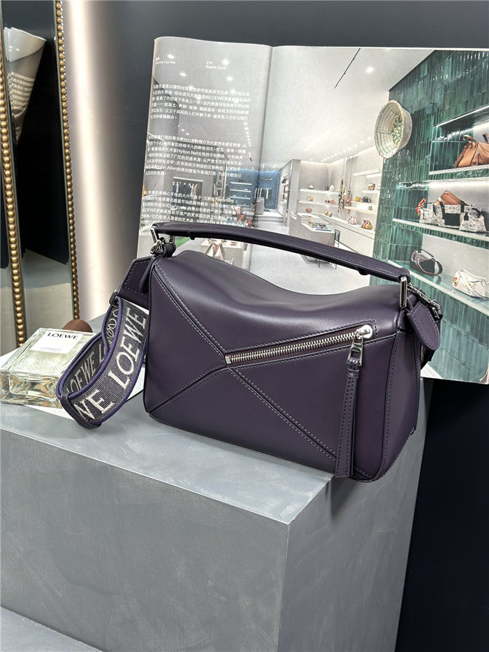 Small Puzzle bag in satin calfskin with jacquard strap Deep Aubergine High