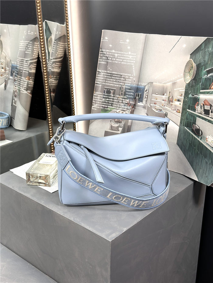 Small Puzzle bag in satin calfskin with jacquard strap Sky Blue High