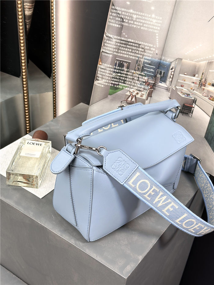 Small Puzzle bag in satin calfskin with jacquard strap Sky Blue High