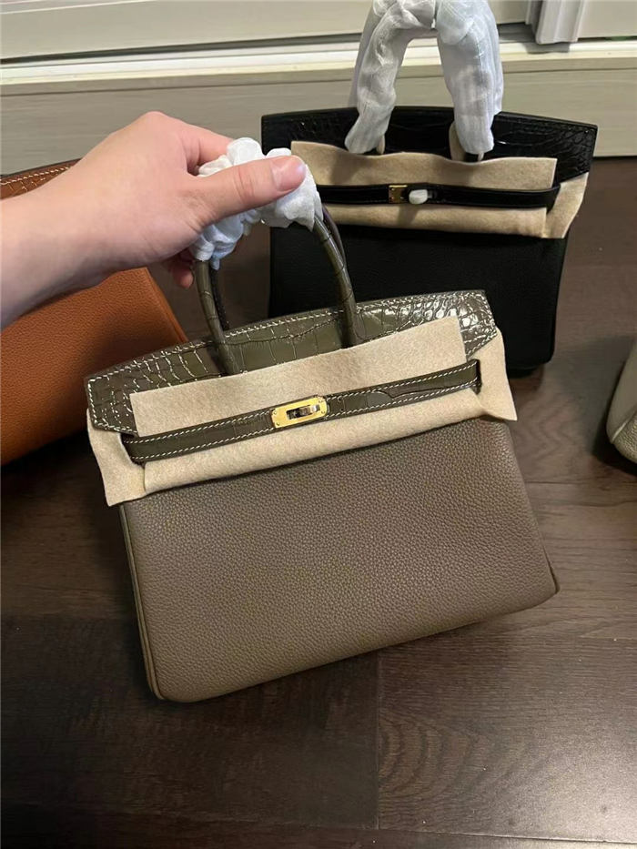 Hermes Birkin Touch 25/30cm Bag Togo and Crocodile Leather In Etoupe WAX High