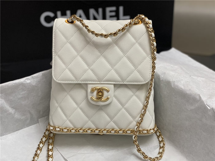 Chanel CHAIN BACKPACK Grained Calfskin & Gold-Tone Metal AS4490 White A