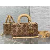 LADY D-JOY BAG SMALL Cannage Cotton with Micropearl Embroidery Beige High