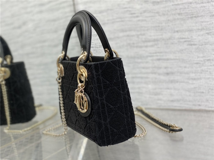 MINI LADY Dior BAG Cannage Cotton with Micropearl Embroidery Black High