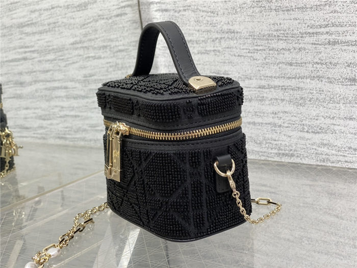 Micro Lady Dior VANITY CASE Cannage Cotton with Micropearl Embroidery Black High