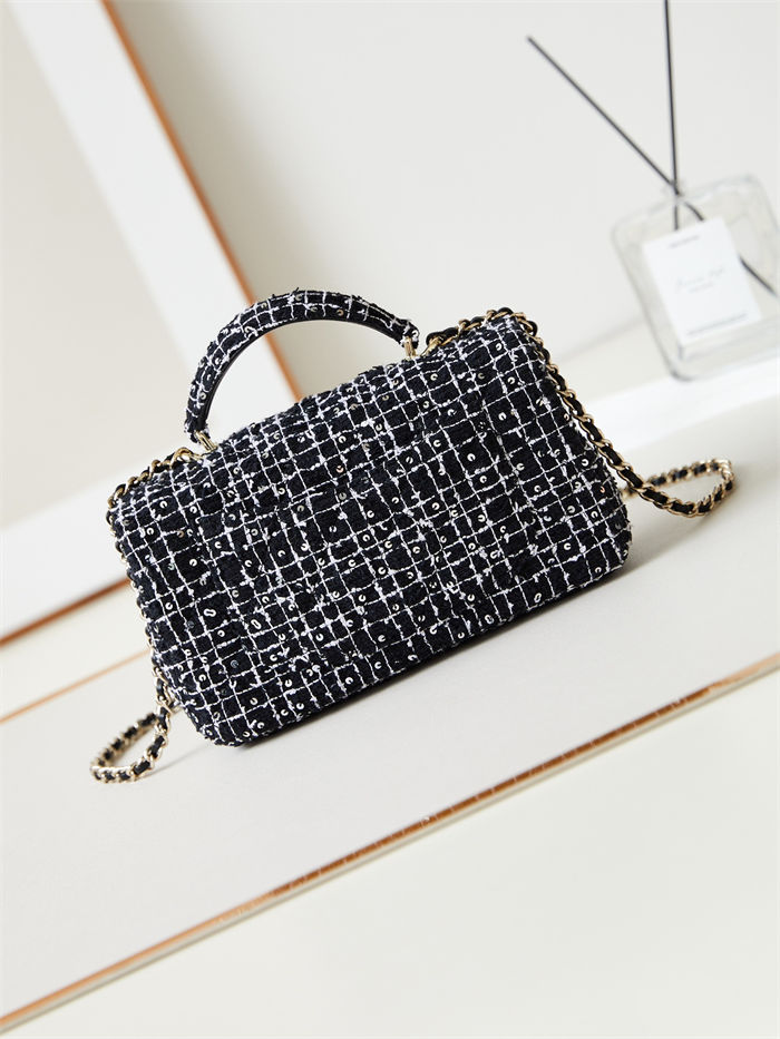 MINI FLAP BAG WITH TOP HANDLE AS2431 Cotton Tweed & Gold-Tone Metal Black A