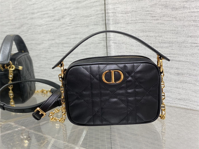 Small Dior Caro Top Handle Camera Bag Macrocannage Calfskin Black High