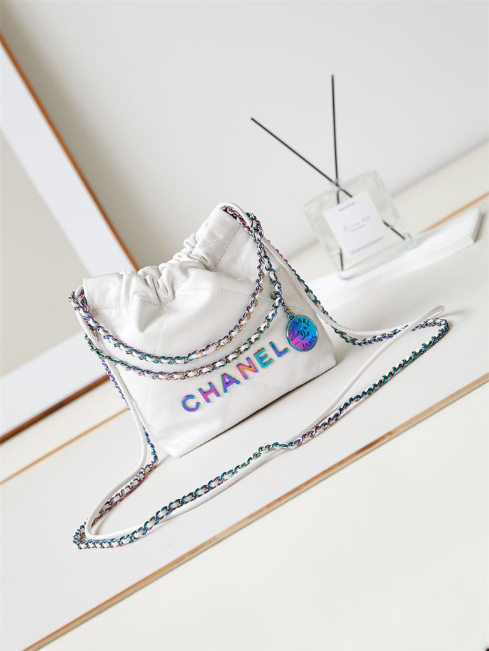 Chanel 22 MINI HANDBAG Shiny Calfskin White & Rainbow Metal AS3980 High