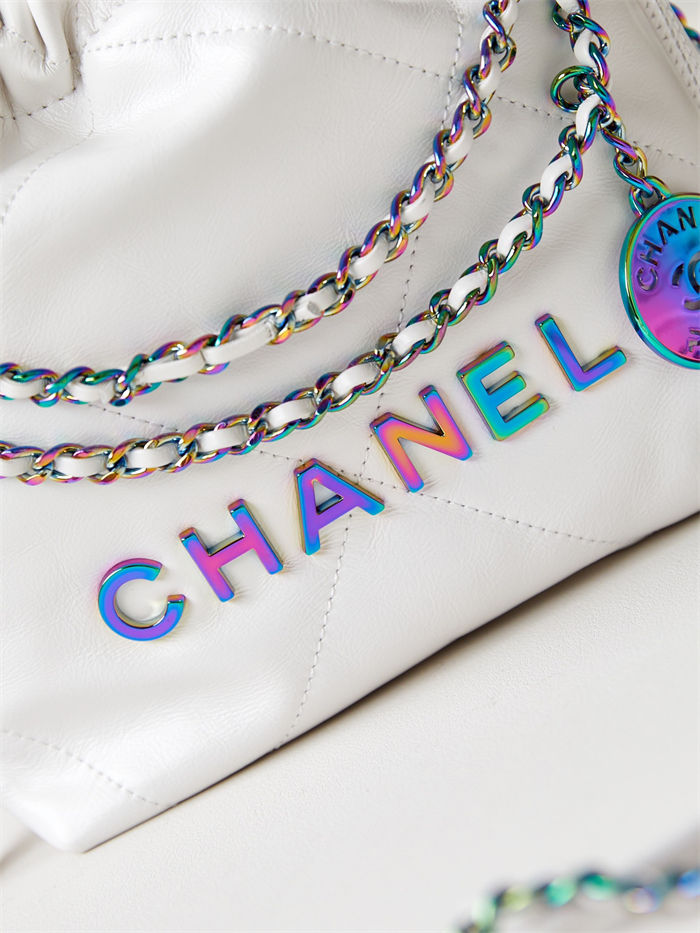 Chanel 22 MINI HANDBAG Shiny Calfskin White & Rainbow Metal AS3980 High