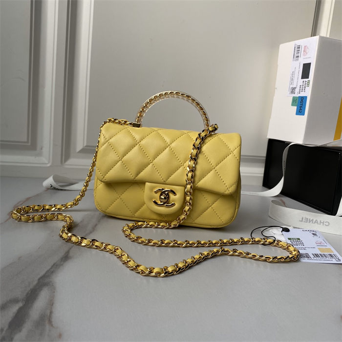 Chanel MINI FLAP BAG WITH TOP HANDLE AS4847 Lambskin, Resin & Gold-Tone Metal Yellow A