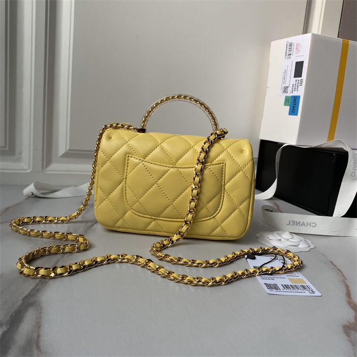 Chanel MINI FLAP BAG WITH TOP HANDLE AS4847 Lambskin, Resin & Gold-Tone Metal Yellow A