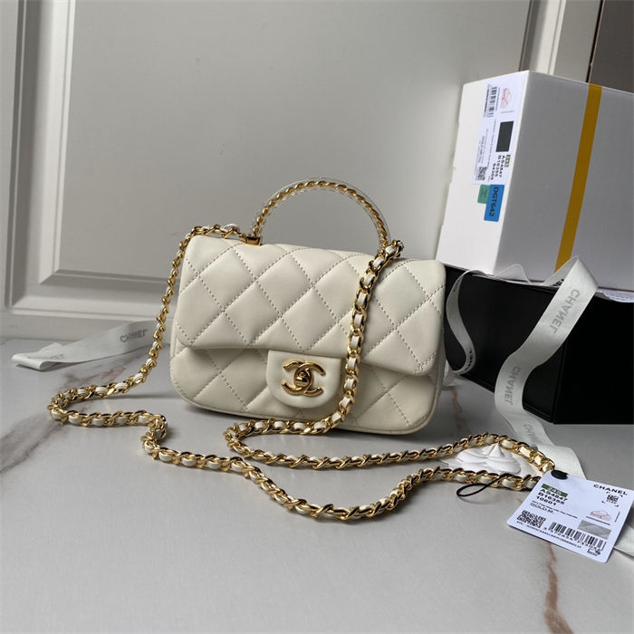 Chanel MINI FLAP BAG WITH TOP HANDLE AS4847 Lambskin, Resin & Gold-Tone Metal White A