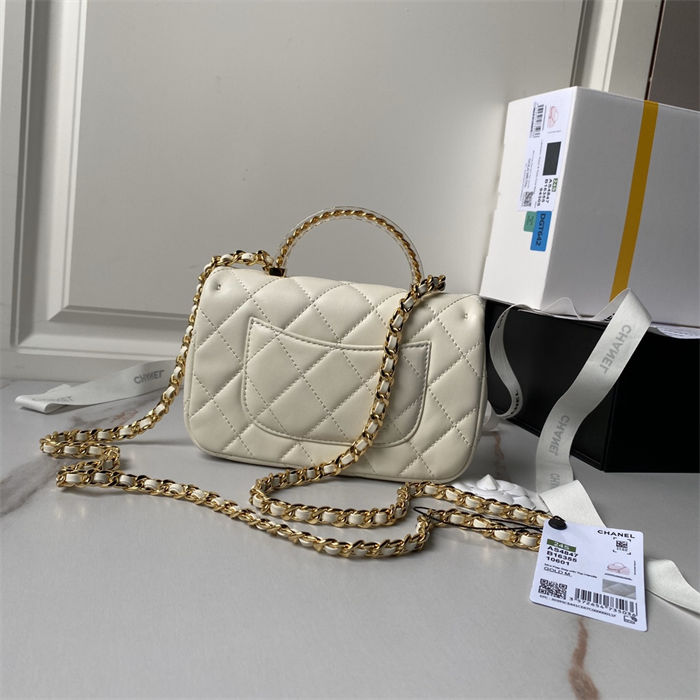 Chanel MINI FLAP BAG WITH TOP HANDLE AS4847 Lambskin, Resin & Gold-Tone Metal White A