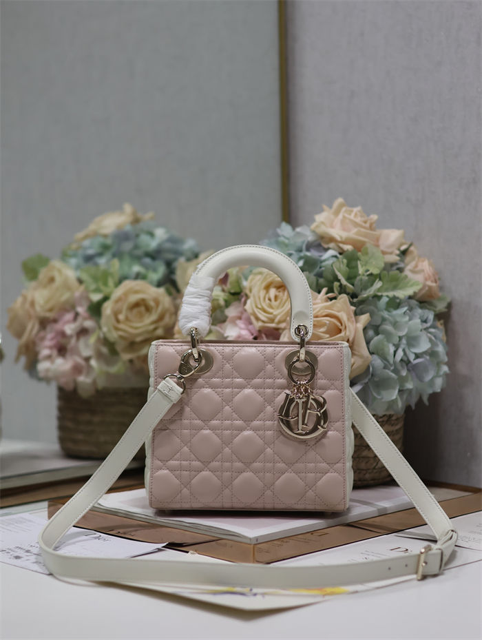 Two-Tone Small Lady Dior Bag Two-Tone Cannage Lambskin Latte and Powder Pink High