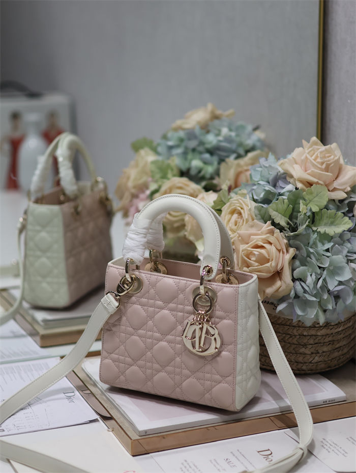 Two-Tone Small Lady Dior Bag Two-Tone Cannage Lambskin Latte and Powder Pink High