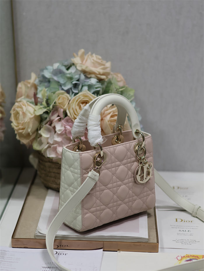 Two-Tone Small Lady Dior Bag Two-Tone Cannage Lambskin Latte and Powder Pink High