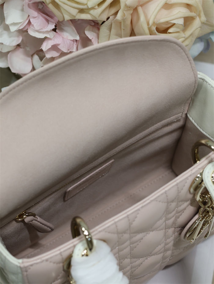 Two-Tone Small Lady Dior Bag Two-Tone Cannage Lambskin Latte and Powder Pink High