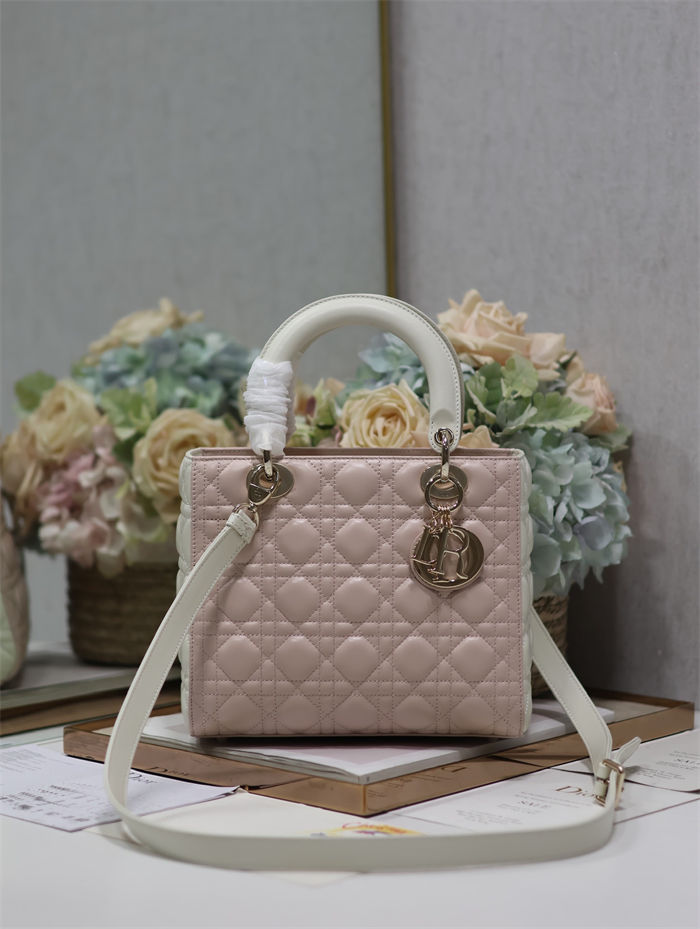 Two-Tone Medium Lady Dior Bag Two-Tone Cannage Lambskin Latte and Powder Pink High