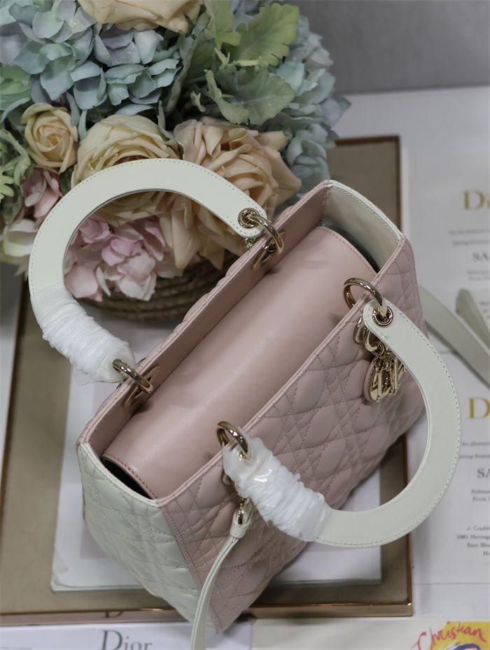 Two-Tone Medium Lady Dior Bag Two-Tone Cannage Lambskin Latte and Powder Pink High