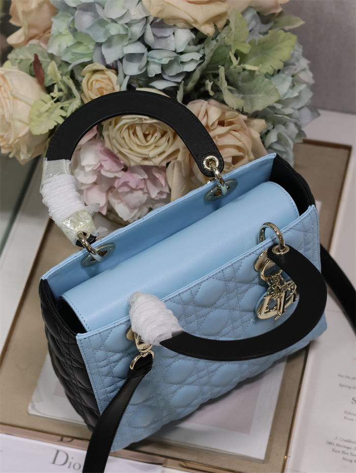 Two-Tone Medium Lady Dior Bag Two-Tone Cannage Lambskin Sky Blue and Black High