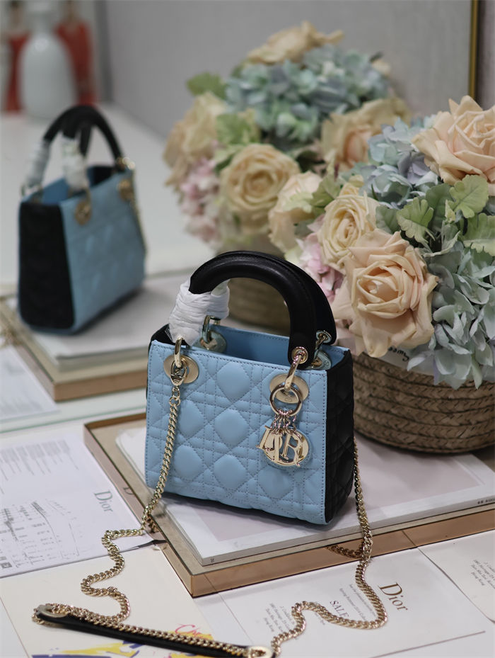 Two-Tone Mini Lady Dior Bag Two-Tone Cannage Lambskin Sky Blue and Black High