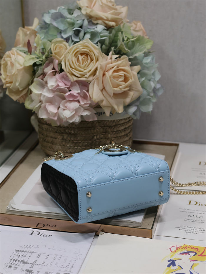 Two-Tone Mini Lady Dior Bag Two-Tone Cannage Lambskin Sky Blue and Black High