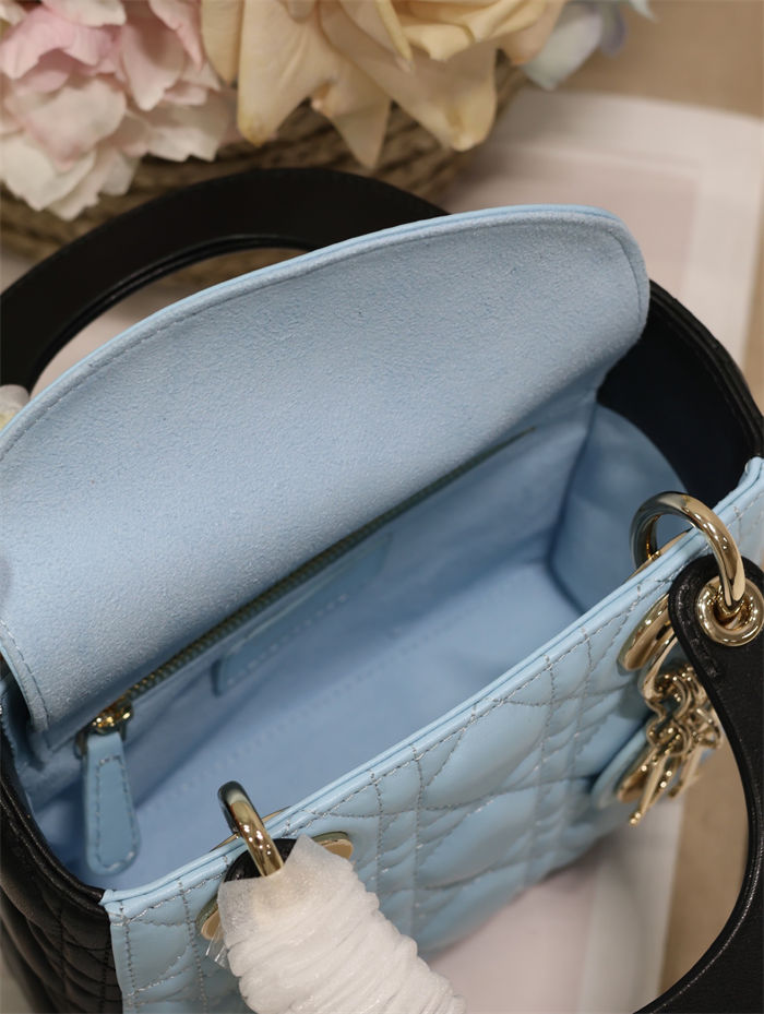 Two-Tone Mini Lady Dior Bag Two-Tone Cannage Lambskin Sky Blue and Black High