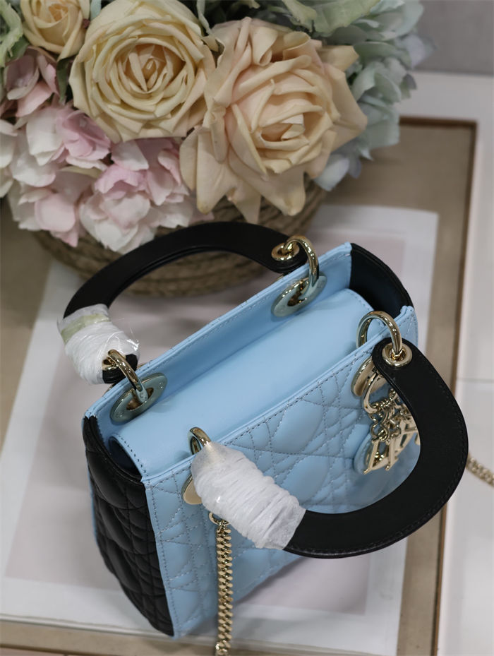 Two-Tone Mini Lady Dior Bag Two-Tone Cannage Lambskin Sky Blue and Black High