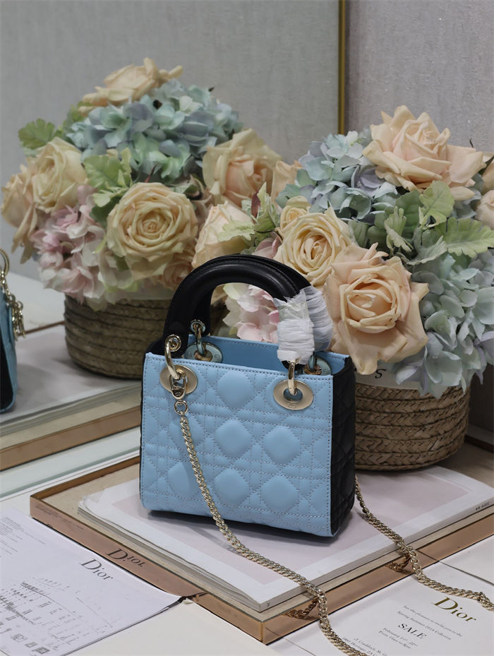 Two-Tone Mini Lady Dior Bag Two-Tone Cannage Lambskin Sky Blue and Black High