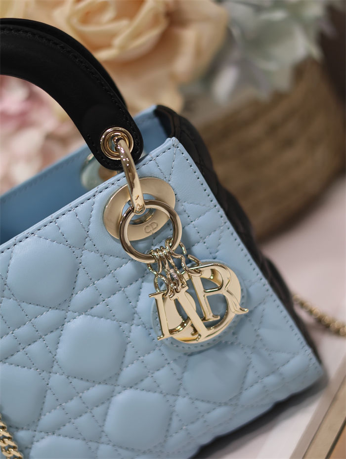 Two-Tone Mini Lady Dior Bag Two-Tone Cannage Lambskin Sky Blue and Black High