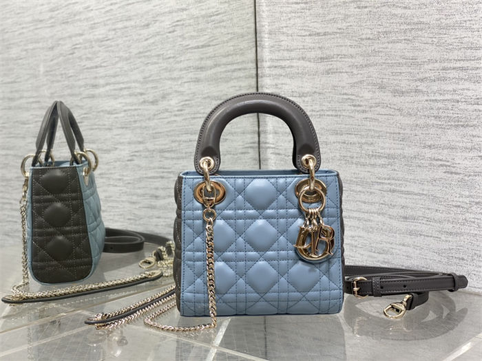 Two-Tone Mini Lady Dior Bag Two-Tone Cannage Lambskin Sky Blue and Steel Gray High