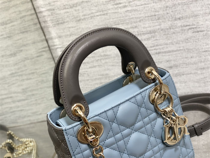 Two-Tone Mini Lady Dior Bag Two-Tone Cannage Lambskin Sky Blue and Steel Gray High