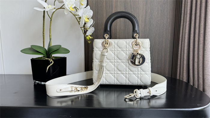 Two-Tone Small Lady Dior Bag Two-Tone Cannage Lambskin Latte and Black High