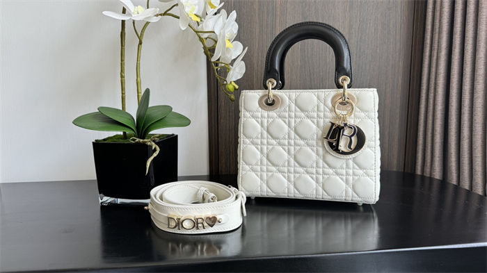 Two-Tone Small Lady Dior Bag Two-Tone Cannage Lambskin Latte and Black High