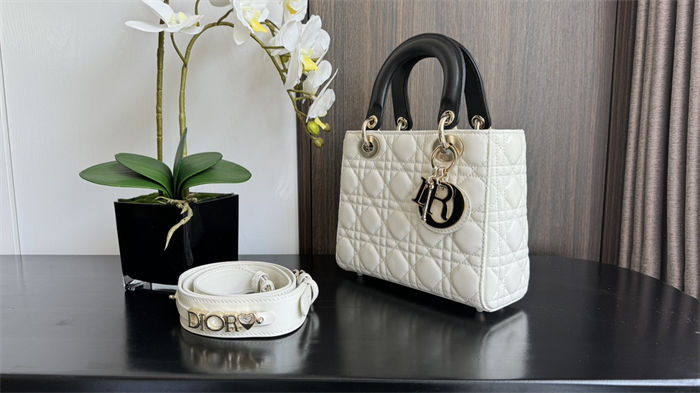 Two-Tone Small Lady Dior Bag Two-Tone Cannage Lambskin Latte and Black High