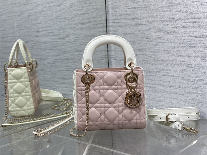 Two-Tone Mini Lady Dior Bag Two-Tone Cannage Lambskin Latte and Powder Pink High