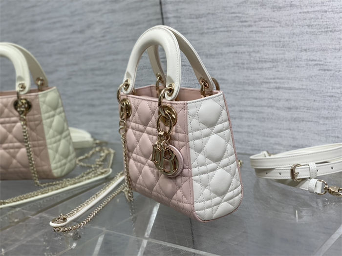 Two-Tone Mini Lady Dior Bag Two-Tone Cannage Lambskin Latte and Powder Pink High