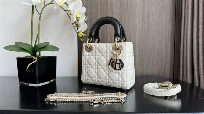 Two-Tone Mini Lady Dior Bag Two-Tone Cannage Lambskin Latte and Black High