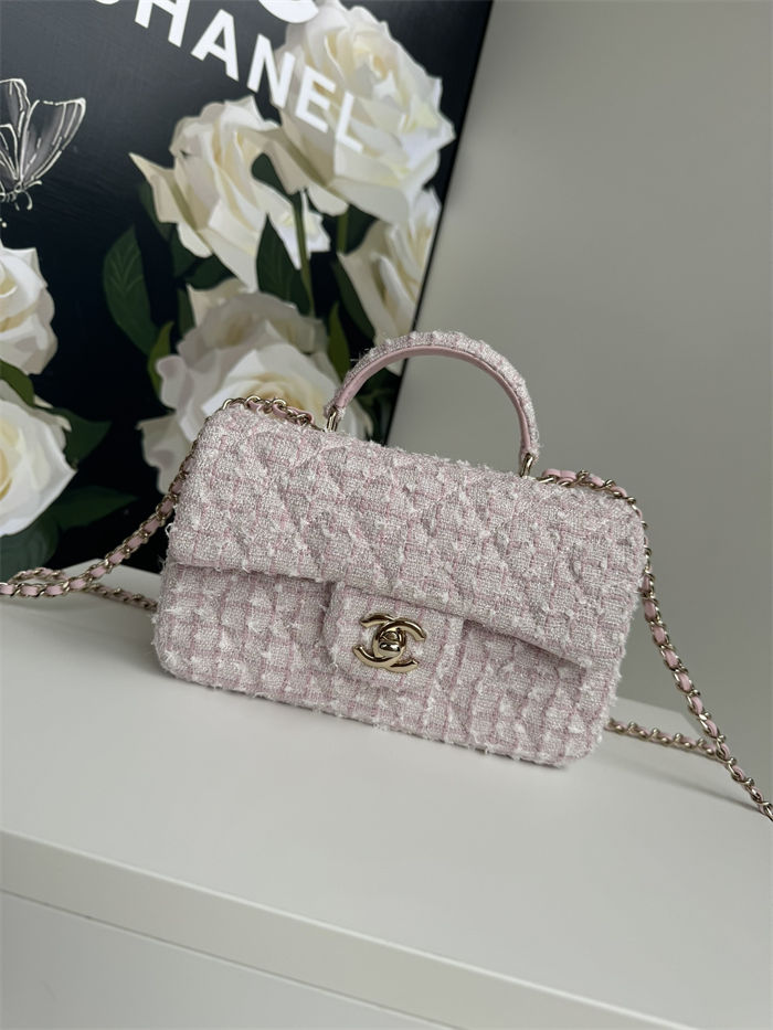 MINI FLAP BAG WITH TOP HANDLE AS2431 Cotton Tweed & Gold-Tone Metal Pink A