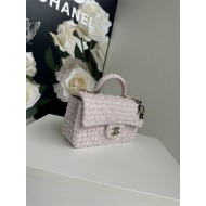 MINI FLAP BAG WITH TOP HANDLE AS2431 Cotton Tweed & Gold-Tone Metal Pink P A