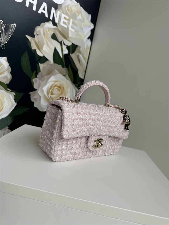 MINI FLAP BAG WITH TOP HANDLE AS2431 Cotton Tweed & Gold-Tone Metal Pink P A