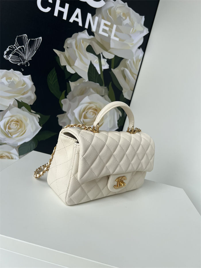 MINI FLAP BAG WITH TOP HANDLE AS2431 Grained Calfskin & Gold-Tone Metal White A