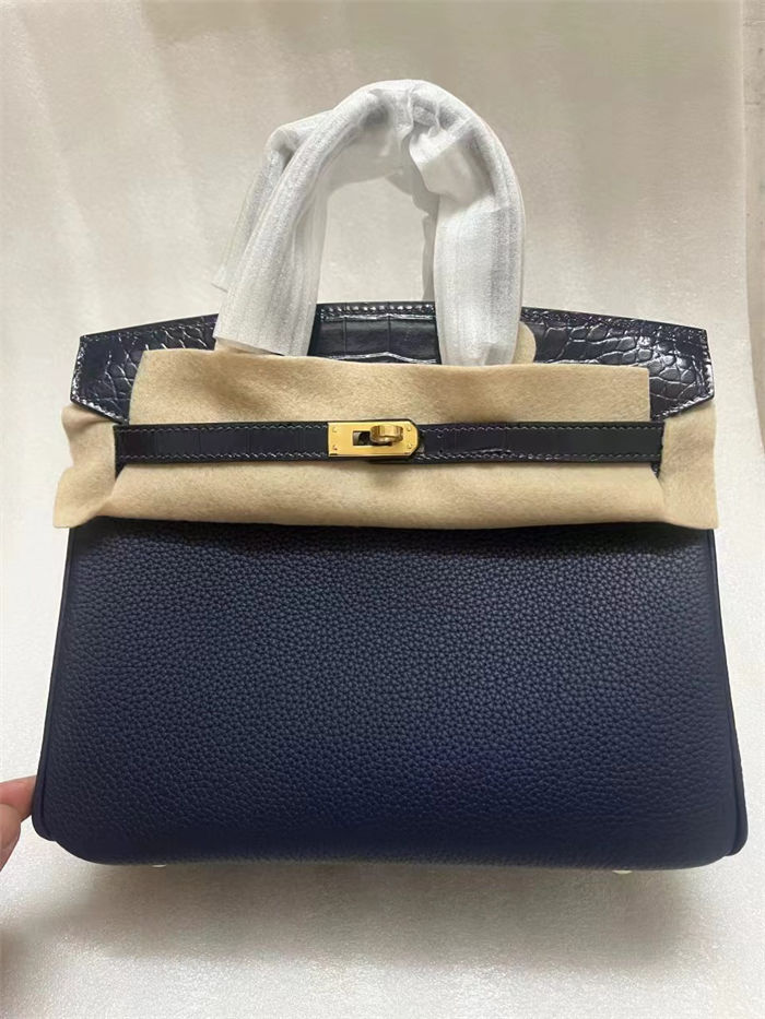 Hermes Birkin Touch 25/30cm Bag Togo and Crocodile Leather In Bleu Obscur WAX High